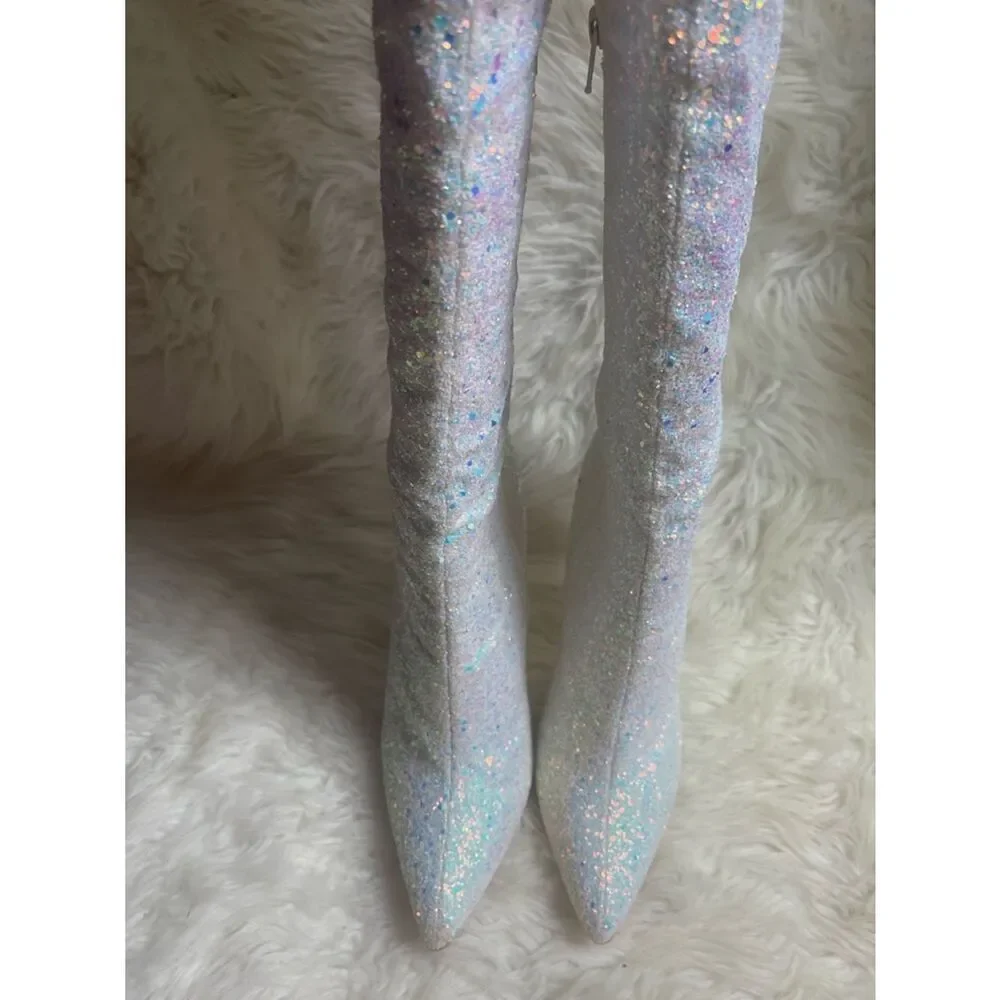 Pleaser Courtly 3015 synthetic white Iridescent glitter over the knee boots SZ13